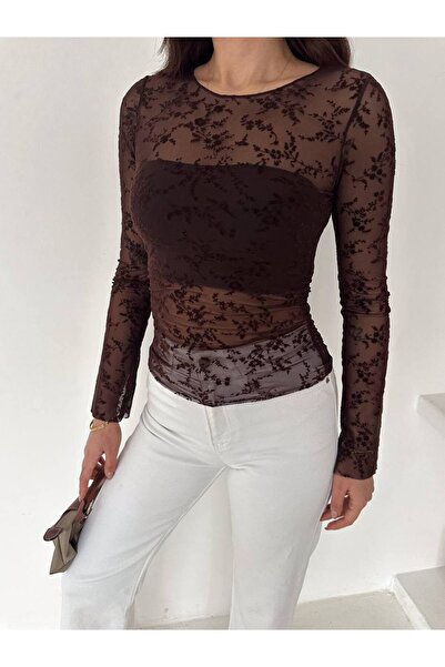 QETEENN Floral Desenli Transparan Flok Baskı Tül Body