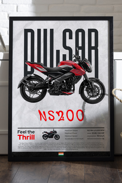 Duvarda Bajaj Pulsar NS 200 Siyah Ahşap Çerçeveli Poster, Dekoratif Motosikle...