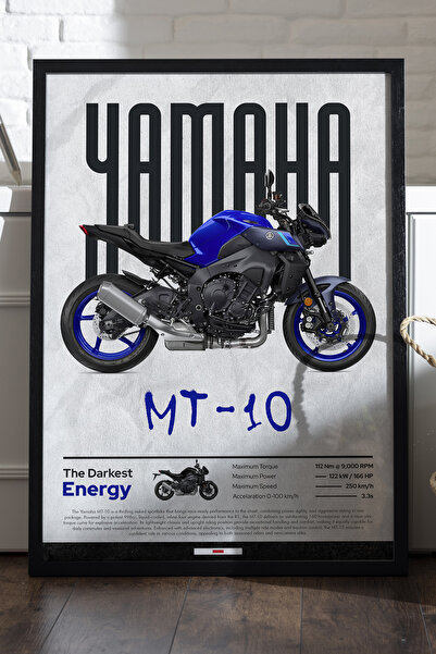 Duvarda Yamaha MT-10 Siyah Ahşap Çerçeveli Poster, Dekoratif Motosiklet Duvar...