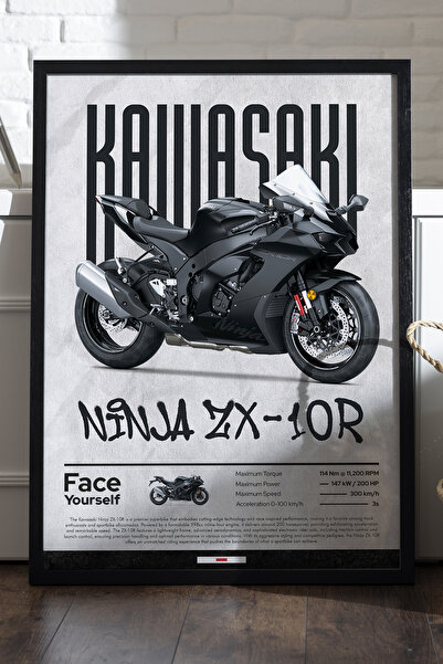 Duvarda Αφίσα Kawasaki Ninja ZX-10 R με μαύρο ξύλινο πλαίσιο, διακοσμητικός π...