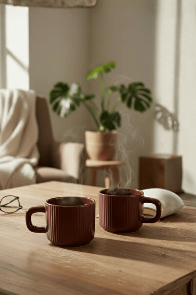 Mithra Life 2 Pieces Handmade 260 ml Burgundy Glossy Ceramic Mug Tea Coffee C...