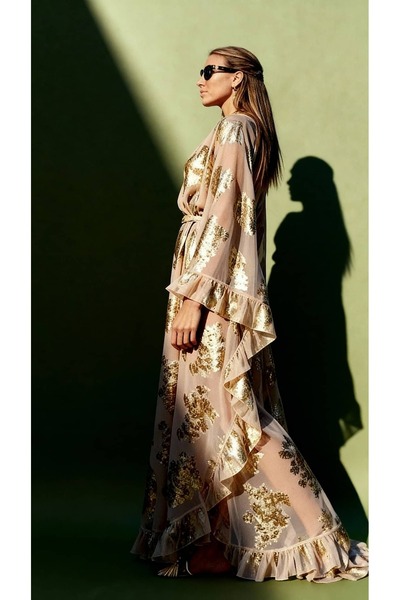 Bashaques Altın Brokarlı Şifon Toz Pembe Elbise