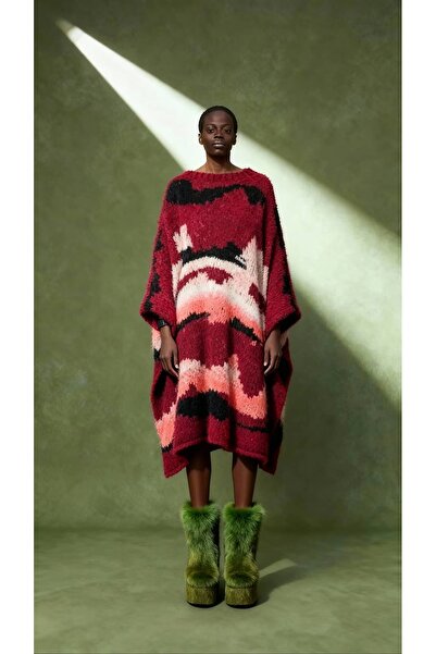 Bashaques Burgundy El Örgüsü Maksi Kazak Yün Elbise