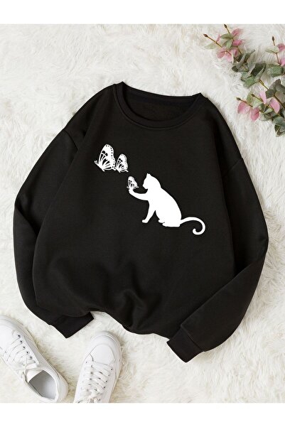 Kids Kelebek Yakalayan Kedi Baskılı Kız Kışlık Çocuk Sweatshirt Siyah