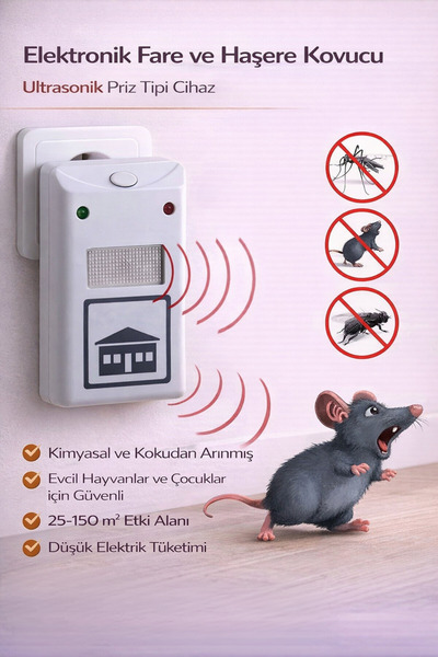 Hane Dostu Elektronik Fare ve Haşere Kovucu Ultrasonik Priz Tipi Cihaz
