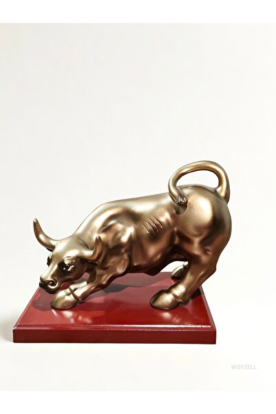 WOYZELL Dekoratif Boğa Figürü – Altın Renk, Ahşap Tabanlı Premium Masa Üstü Obje