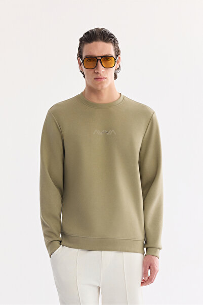 Avva Men's Khaki Crew Neck Injection Printed Interlock Sweatshirt A61Y1205