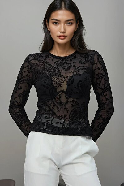 IŞILDA FASHION Flok baskı bisiklet yaka transparan bluz