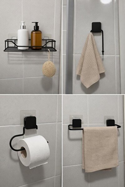EVRAHATT Yapışkanlı siyah banyo aksesuar 4 lü set- delme gerektirmez