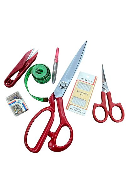 Pin 10 No Kırmızı Profesyonel Makas ve dikiş seti 7 parça