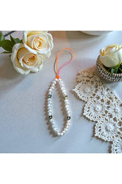 feyza collection Kalpli Nazar Boncuğu Detaylı İncili Telefon Charmı, İpi, Askısı