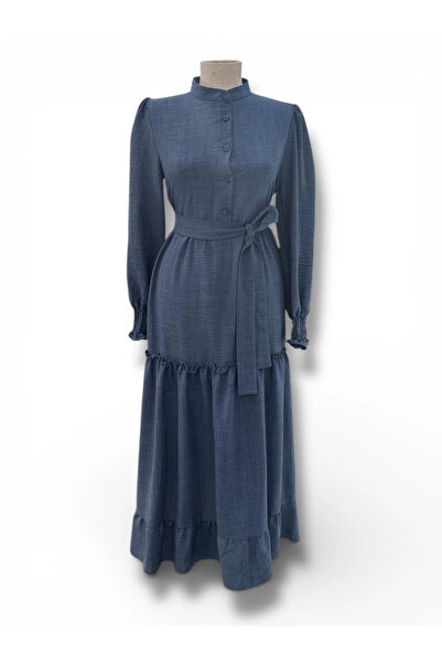 Butik Parlament Mavisi Krep Kumaş Elbise Modelimiz