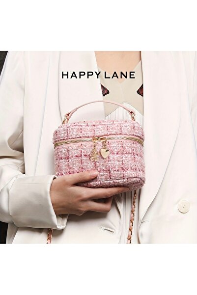 La Saade Ivory Pink Charm- Pink Tweed Zipper Handbag with Charm