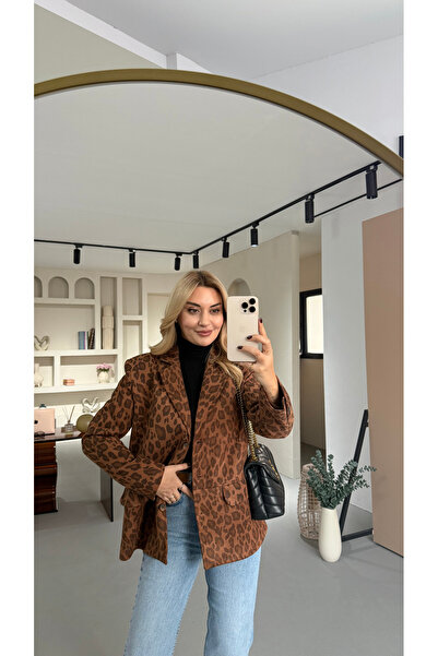 Sezgi Tekin Kapak Cep Detail Oversized Leopard Suede Blazer