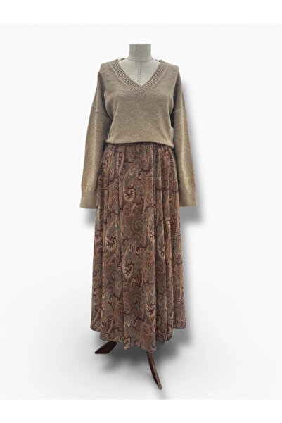 Butik Haki Şal Desenli Şifon Kumaş Elbise Modelimiz