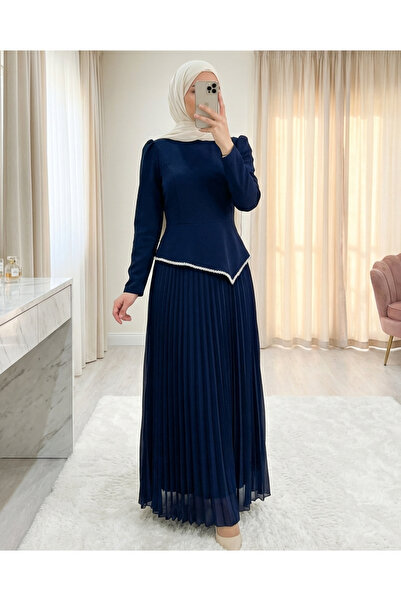 Modamorfo Pleated Crepe Dress with Asymmetrical Cut Stones on the Waist - Navy
