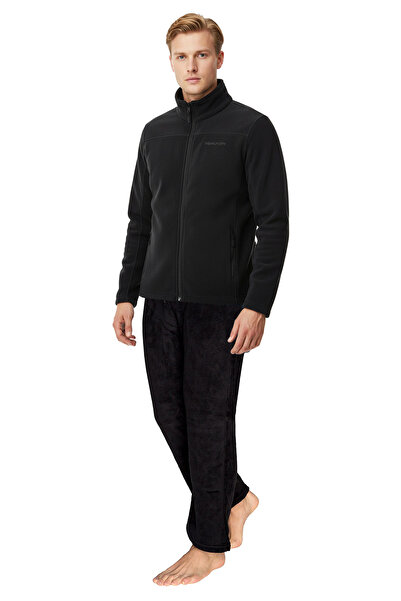 THERMOFORM Men's Full Zipper Winter Top and Bottom Fleece Tracksuit Set Black