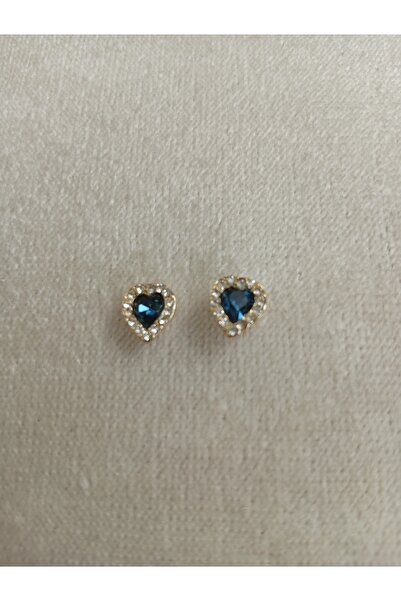 Pervin Ablacım Heart-Shaped Navy Blue Stone Nail Children's Earrings Steel