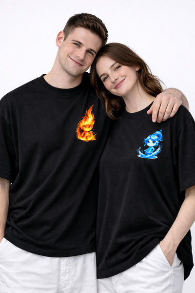 Me&On WEAR Fire&Water Double Combination Oversized 100% Cotton Unisex T-Shirt...