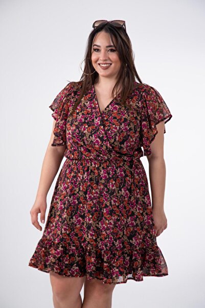 Roxxlen Rochie cu mâneci și fustă cu volane pentru femei, mărime mare, roz fl...