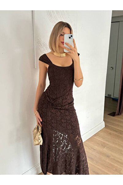 Misscix Kadın Dantel Kalın Askılı U Yaka Abiye Mezuniyet Elbisesi