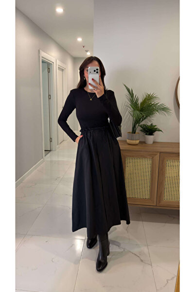 BİRCANÇİL Opya Μαύρο Ανθρακί Φόρεμα Premium με Ελαστική Μέση