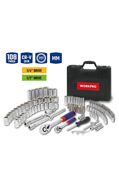 Workpro Wp202535 1/4'' 1/2'' 108 Piece Cr-V Metric Professional Socket Set