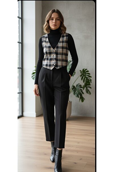 Dagü Design Women's Plaid Patterned Beige, Black Vest