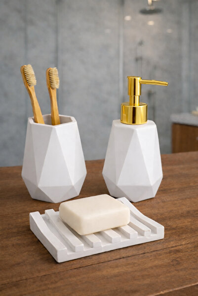 lufen deco Mermer Desenli 3’lü Banyo Seti Katı Sıvı Sabunluk Diş Fırçalık Bet...