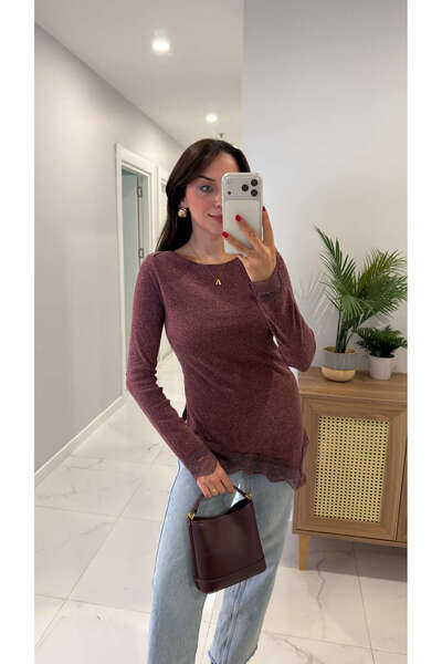 BİRCANÇİL Zandwe Burgundy Melange Blouse with Lace Detail at the Hem