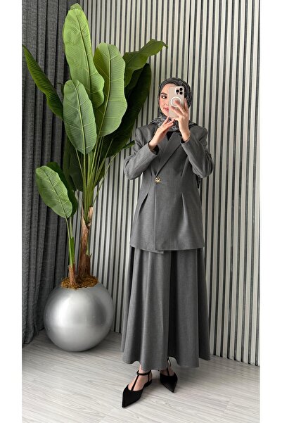 Molly Nelly Kadın Oversize Tek Düğmeli Bağlamalı Ceket Etek Takım