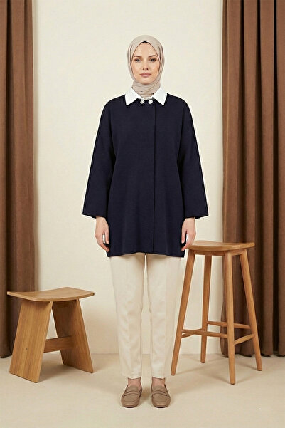 MODAQU Collared Buttoned Loose Knitwear Poncho - Navy Blue