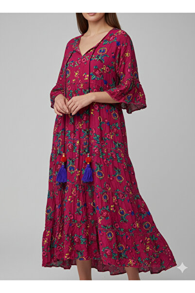 Hazinedan Women's Ethnic Floral Pompom Long Bohemian Dress