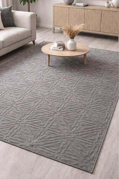 Merinos Rölyef Truva Gri Kaymaz Taban Yıkanabilir Salon Mutfak Koridor Halı Y...