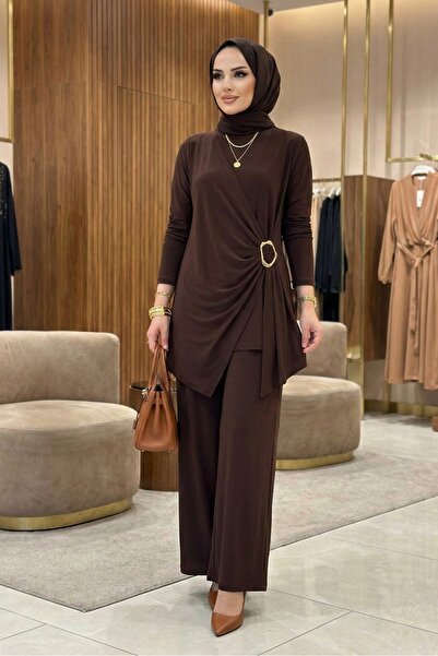 MR.MODAMİRA Kadın Sandy Kahverengi Özel Tasarım Yandan Tokalı Bluz Pantolon T...