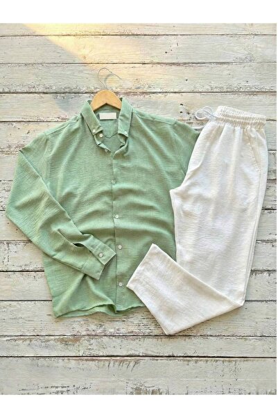 tetramoda Erkek Krinkıl Gömlek & Pantolon Kombini 2'li Keten Takım