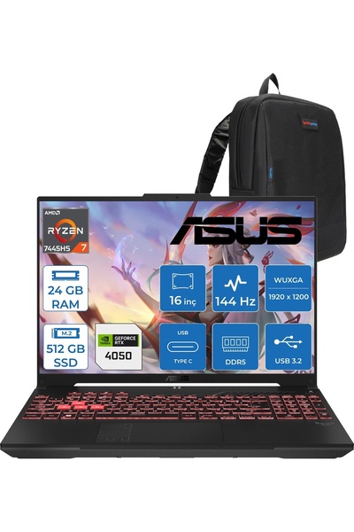 ASUS Tuf A16 Ryzen 7 7445HS 24GB 512GB SSD RTX4050/6GB 140W 16-Inch, Fhd+144H...