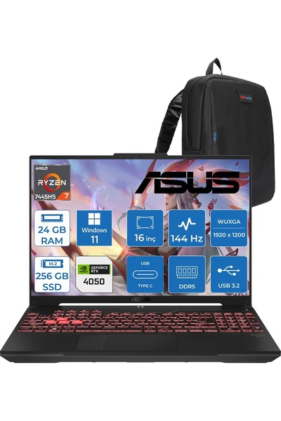 ASUS Tuf A16 Ryzen 7 7445HS 24GB 256GB SSD RTX4050/6GB 140W 16-Inch, WIN11PRO...