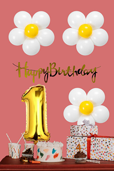tedaks Daisy Themed White Yellow Daisy Balloon Gold Number Gold Banner Birthd...