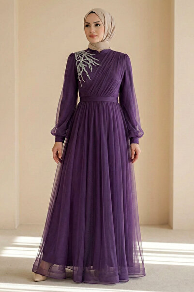 Kirazgym Kadın Önü Taş Detaylı Drapeli Kemerli Tüllü Abiye - Mor