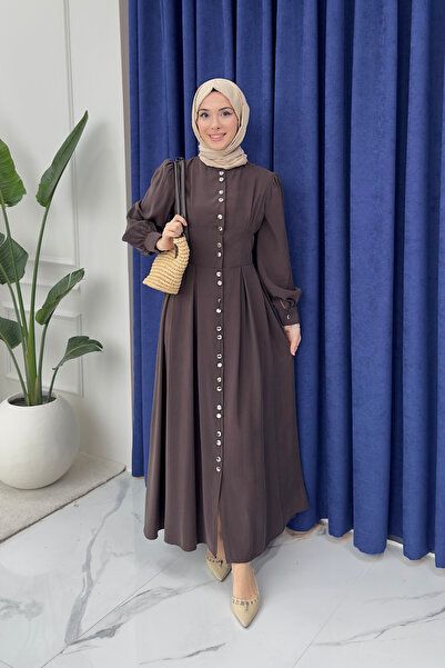 Tesettür Diyarı فستان موكا كوبرا تانسيل بأزرار أمامية - لون بني غامق