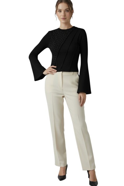 ATALYA ACCESSORY Ters Dikiş cu pietre aplicate Bluză de damă tricotaj cu stri...