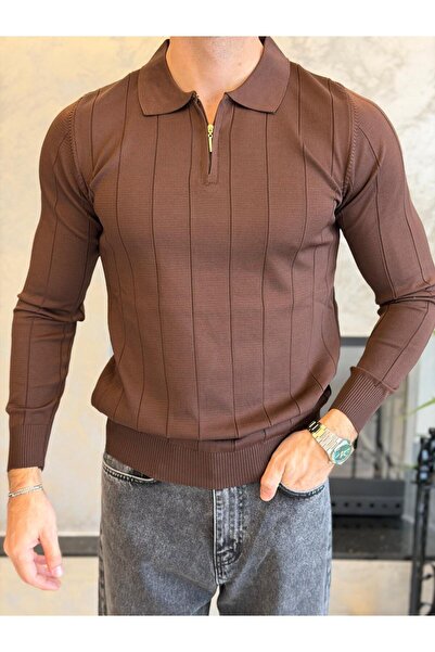ECARTS Men's Regular Fit Zipper Collar Stripe Detailed Knitwear Sweater Bitte...
