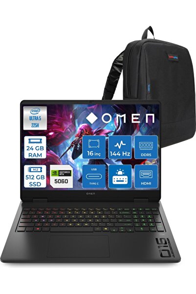 HP Omen 16-AM0037NT Ultra 5 225H 24GB 512GB SSD RTX5060 8gb FDOS 16Inç 144Hz ...