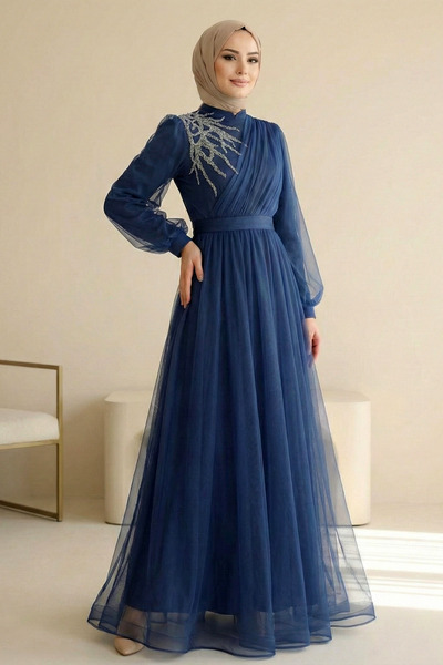 Kirazgym Women's Tulle Evening Dress with Stone Detail on the Front and Drape...