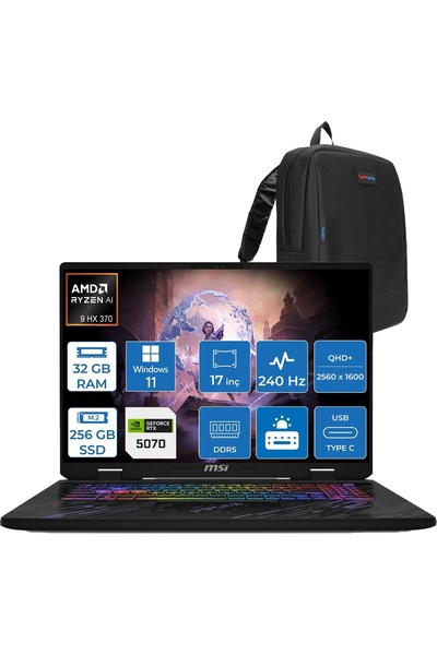 MSI Pulse A17 Aı+ C3XWGKG Ryzen 9 Aı Hx 370 32GB 256GBSSD 8GB/RTX5070 17” WIN...