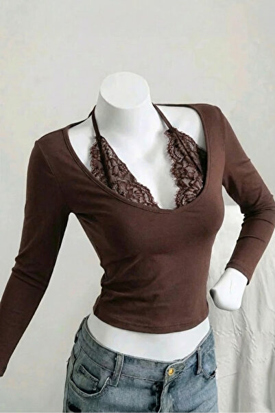 World Fashion Trends ΚΑΦΕ Μακρυμάνικο Κροπ Τοπ με Δαντέλα και Δέσιμο