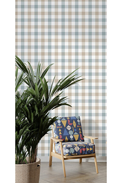 Tasarım Pastel Ekose Duvar Kağıdı Poster – Bej ve Mavi Tonlu Sade Duvar Dekoru