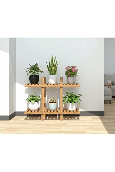 Ev dekka Doğal Köknar Ahşap 2 Katlı Dekoratif Çiçeklik - 100x100 cm Büyük Boy...