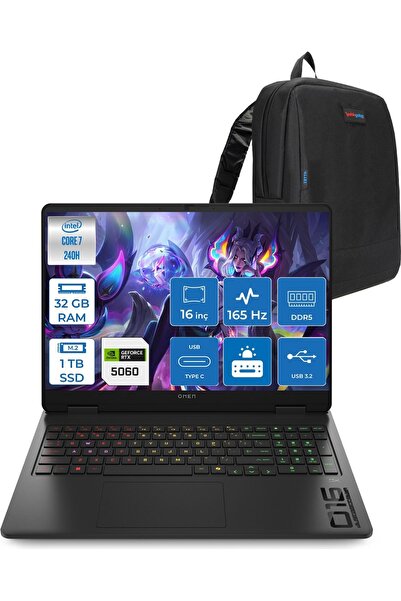 HP Omen W16-AM0017NT 7 240H 32GB Ddr5 1tb SSD FDOS RTX5060 8gb 16 Inc IPS 165...